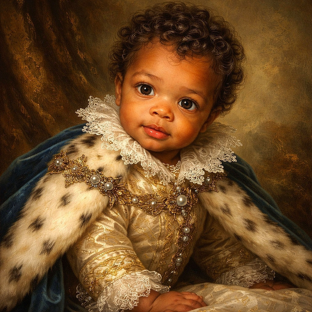 A wide-eyed baby with curly hair looks up curiously from a cozy bed covered in a checkered blanket, clutching a soft plush toy. The photo captures a candid moment of innocence and wonder in a softly lit room.