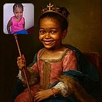 A cheerful young child with braided hair smiles widely while sitting casually on a red surface, dressed in a bright pink sleeveless top and blue pants, with a playful watch on the wrist against a plain wall background.