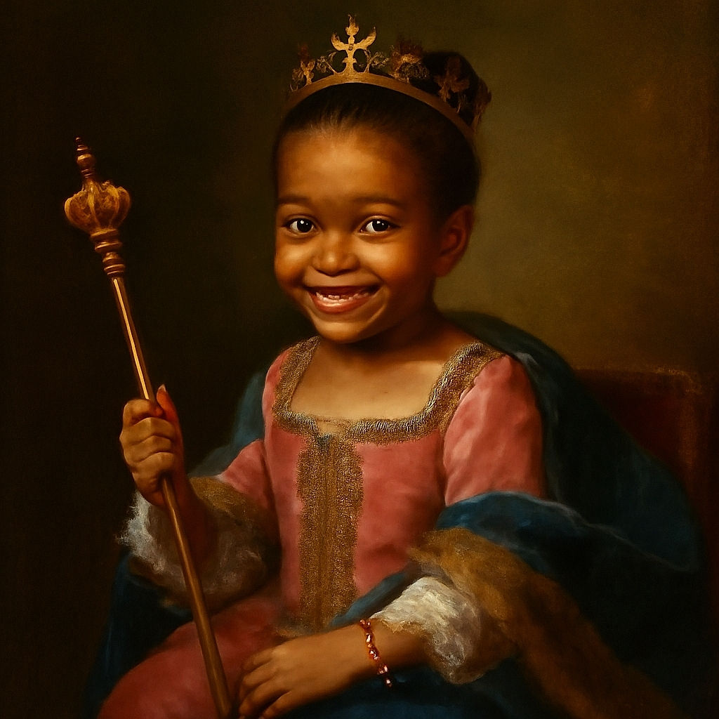 A cheerful young child with braided hair smiles widely while sitting casually on a red surface, dressed in a bright pink sleeveless top and blue pants, with a playful watch on the wrist against a plain wall background.