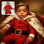 A cute baby dressed as Santa Claus lounges on a fluffy white blanket with a festive white Christmas tree glowing softly in the background, ready to spread holiday cheer.
