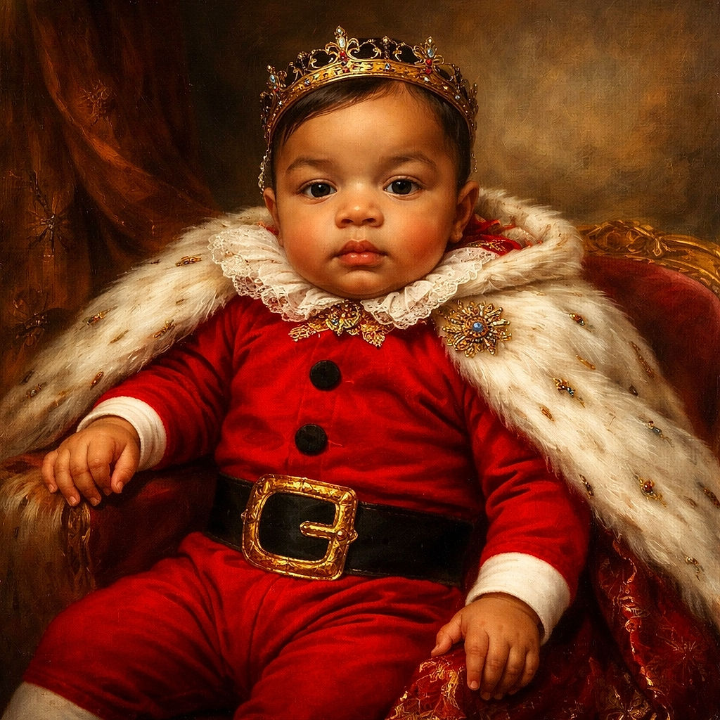 A cute baby dressed as Santa Claus lounges on a fluffy white blanket with a festive white Christmas tree glowing softly in the background, ready to spread holiday cheer.