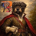 A scruffy dog with a red bandana and blue vest lounges on a colorful patterned rug, eyes glowing from the camera flash like tiny headlights in a cozy indoor setting with an orange curtain backdrop.