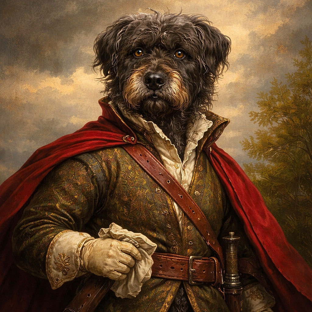 A scruffy dog with a red bandana and blue vest lounges on a colorful patterned rug, eyes glowing from the camera flash like tiny headlights in a cozy indoor setting with an orange curtain backdrop.