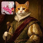 An orange-and-white cat sits like it owns the pink-themed set — big curious eyes, neatly placed paws on a fabric-covered table, with a patterned pink blanket backdrop and a cup nearby. The scene is cozy, slightly cluttered, and the cat delivers peak unimpressed royalty.