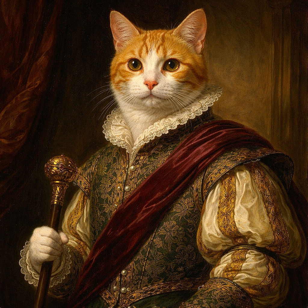 An orange-and-white cat sits like it owns the pink-themed set — big curious eyes, neatly placed paws on a fabric-covered table, with a patterned pink blanket backdrop and a cup nearby. The scene is cozy, slightly cluttered, and the cat delivers peak unimpressed royalty.