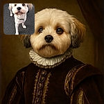 A fluffy cream-colored dog with a slightly blurred wagging tail looks up with big, curious eyes on a textured pavement background, capturing a moment of playful anticipation.