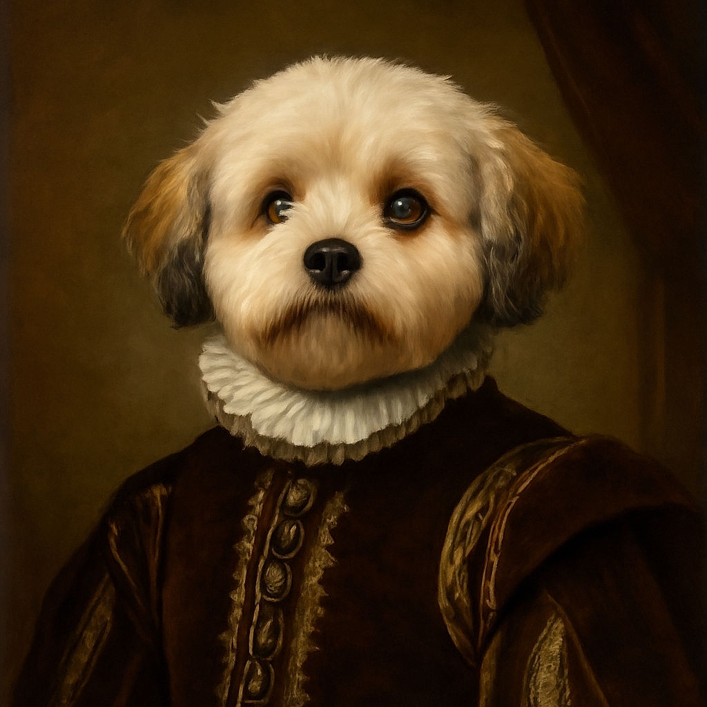 A fluffy cream-colored dog with a slightly blurred wagging tail looks up with big, curious eyes on a textured pavement background, capturing a moment of playful anticipation.