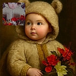 A wide-eyed toddler bundled in a fuzzy cream hoodie sits amidst a colorful bouquet of red and white flowers, with a curious expression that could melt hearts. The image has a grainy filter and a digital overlay showing phone UI elements and text at the top.