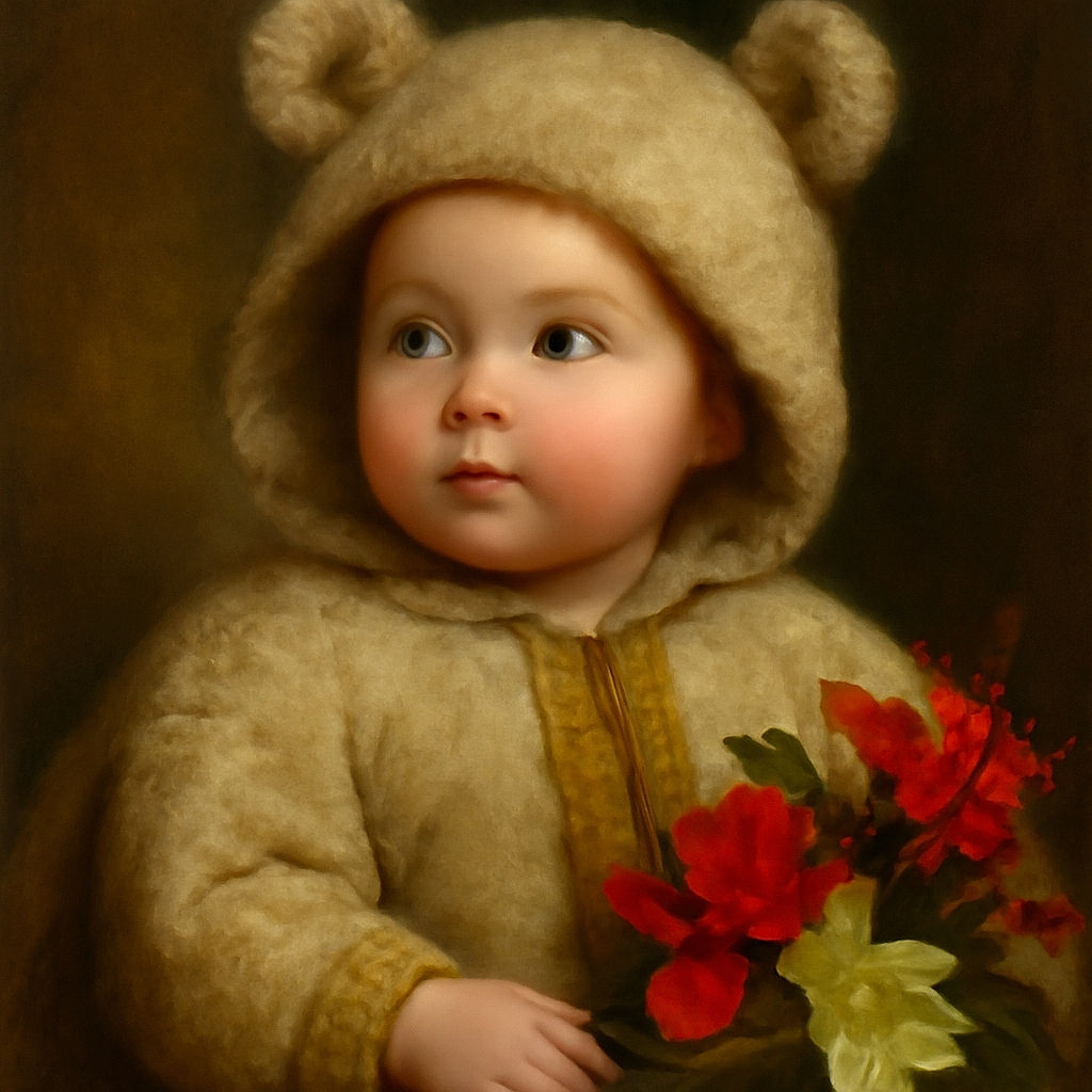 A wide-eyed toddler bundled in a fuzzy cream hoodie sits amidst a colorful bouquet of red and white flowers, with a curious expression that could melt hearts. The image has a grainy filter and a digital overlay showing phone UI elements and text at the top.