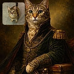 A curious tabby cat looks up with wide, shiny eyes, its tail curled up behind it, standing on a textured gray floor that contrasts nicely with its warm fur tones.