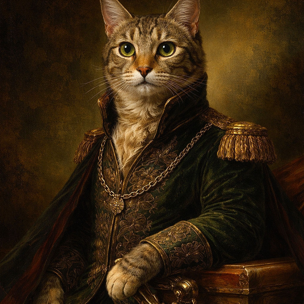 A curious tabby cat looks up with wide, shiny eyes, its tail curled up behind it, standing on a textured gray floor that contrasts nicely with its warm fur tones.