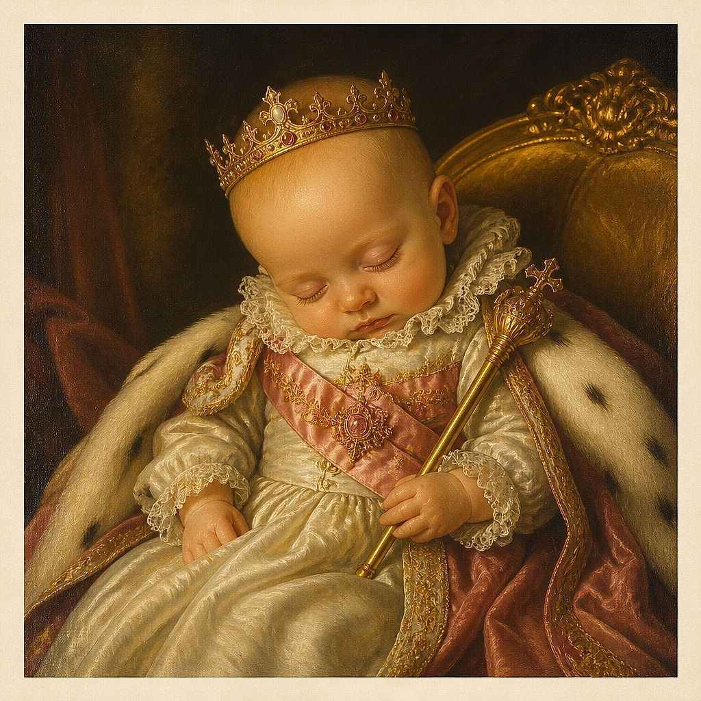 A sleepy baby is tucked into a mountain of pink blankets, calmly auditioning for the role of “world’s tiniest burrito” while a pacifier keeps the peace.