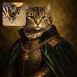 A tabby cat wearing blue and gold beads sits regally on a wooden stool in a cozy kitchen, looking up with a serious yet curious expression, as if ready to judge your snack choices.