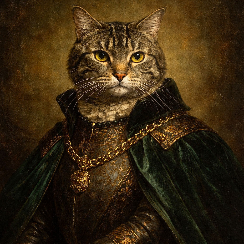 A tabby cat wearing blue and gold beads sits regally on a wooden stool in a cozy kitchen, looking up with a serious yet curious expression, as if ready to judge your snack choices.