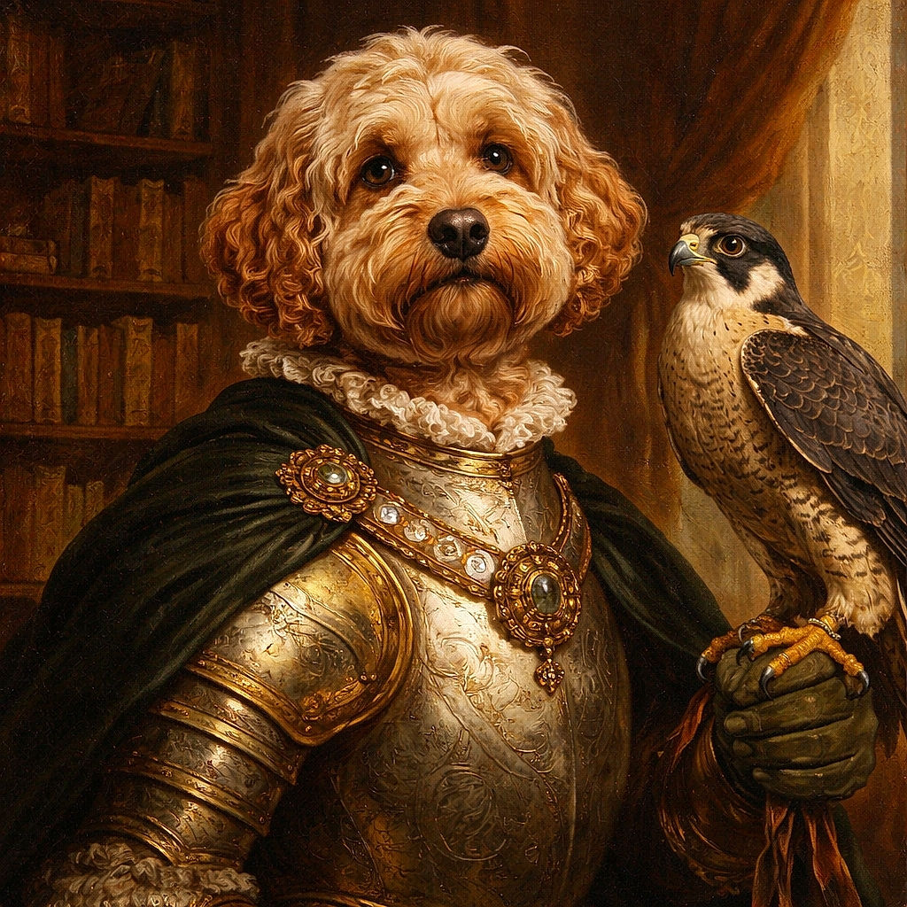 A fluffy brown dog sits patiently on a wooden floor in front of a kitchen cabinet, eyeing a small plate with a cupcake topped with two lit candles. The cozy indoor setting and warm lighting highlight the dog's curious and hopeful expression, making it look like a birthday celebration for the furry friend.