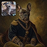A serious-looking French bulldog lounges on the sofa like a tiny security guard, staring intensely at the camera while its colorful rope toy waits nearby for the next shift. A cozy home office and a bag of dog food complete the scene.