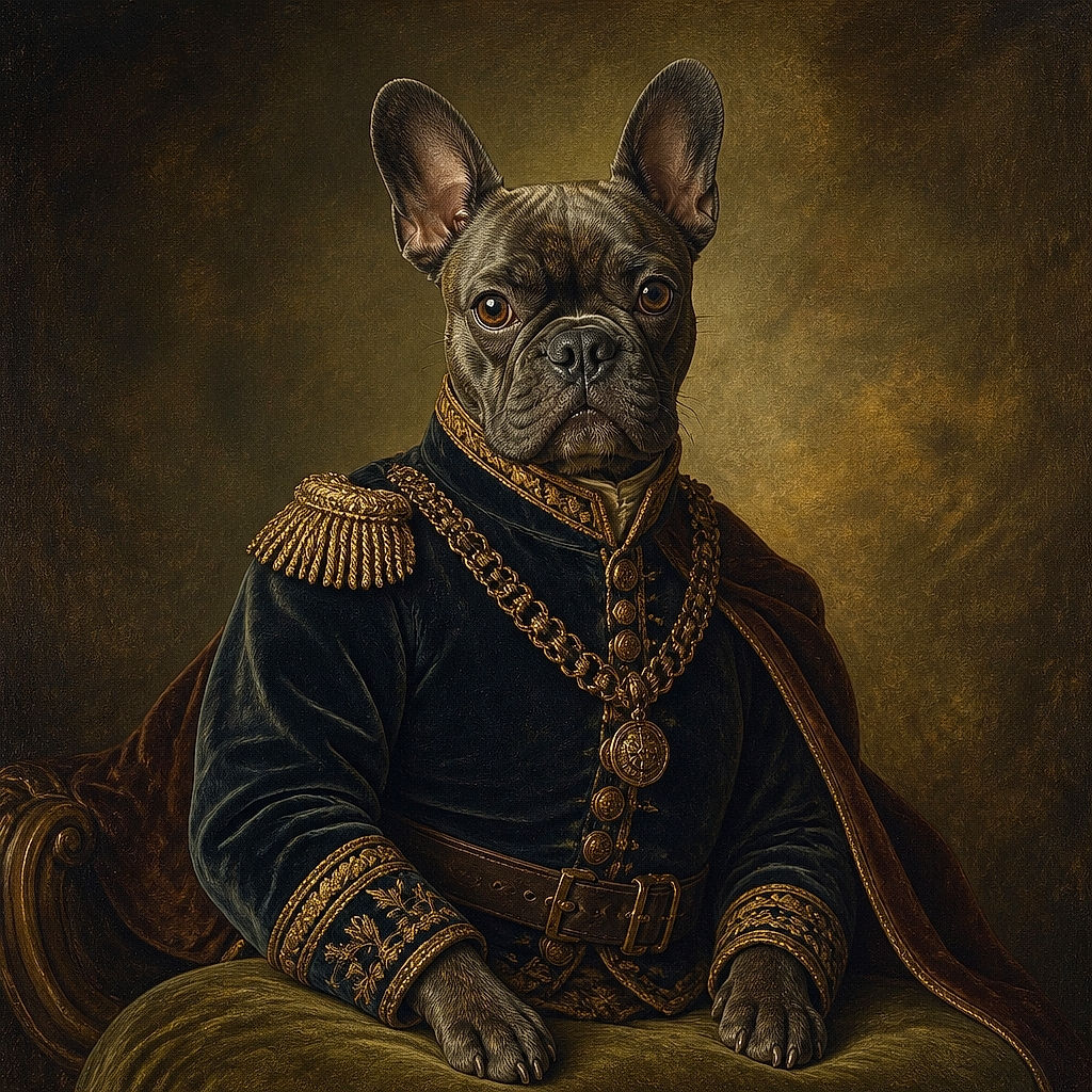 A serious-looking French bulldog lounges on the sofa like a tiny security guard, staring intensely at the camera while its colorful rope toy waits nearby for the next shift. A cozy home office and a bag of dog food complete the scene.
