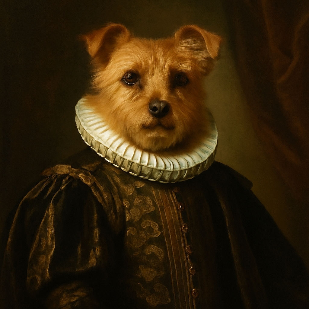 A fluffy small dog sits upright on a gray couch next to a coral pillow, looking alert and slightly curious with its front paws raised like a tiny kangaroo.