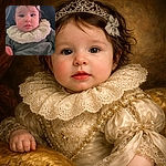 Close-up of an adorable baby giving a calm, slightly curious stare — chubby cheeks, a tiny tongue peeking out, a lacy ruffled collar like a regal bib, and a little hair bow trying its best to be glamorous while someone holds them snugly in the background.