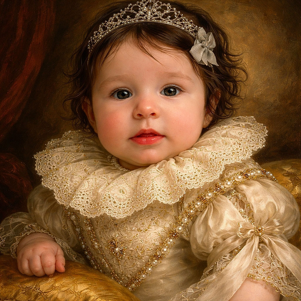 Close-up of an adorable baby giving a calm, slightly curious stare — chubby cheeks, a tiny tongue peeking out, a lacy ruffled collar like a regal bib, and a little hair bow trying its best to be glamorous while someone holds them snugly in the background.