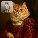 A fluffy, golden-brown cat with strikingly large blue eyes sits majestically on a grey cushioned stool against a plain white wall, looking like the king of cozy corners.