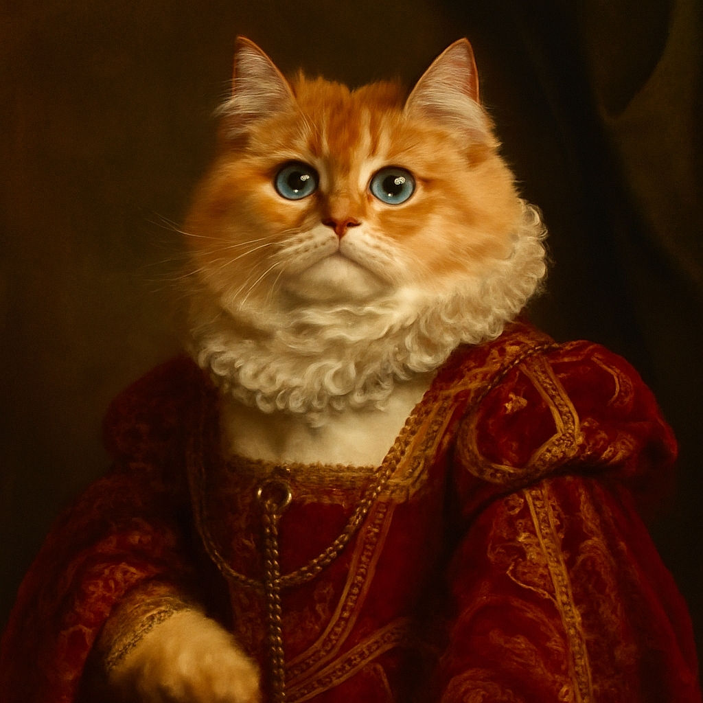 A fluffy, golden-brown cat with strikingly large blue eyes sits majestically on a grey cushioned stool against a plain white wall, looking like the king of cozy corners.
