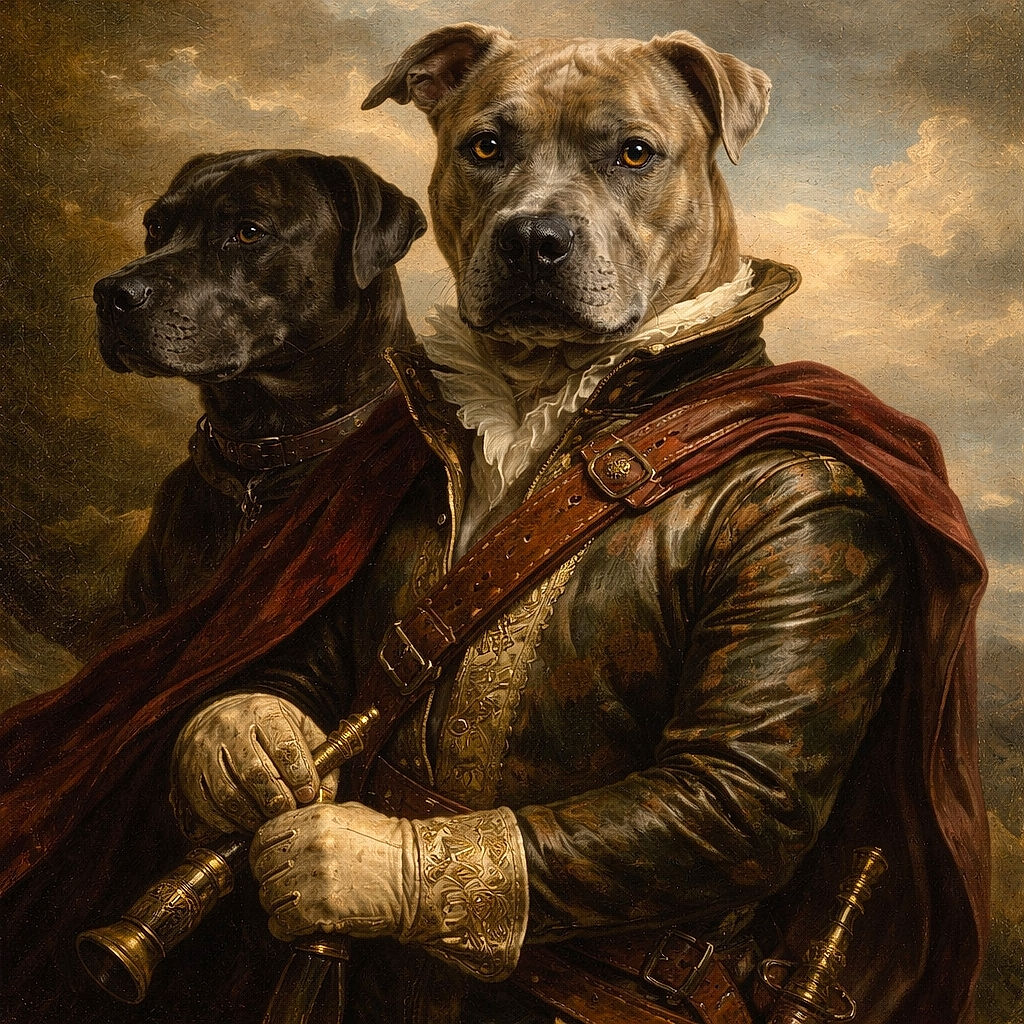 Two adorable dogs chilling on a cozy couch, one sporting a bright pink harness looking straight at the camera with soulful eyes, while the other black dog sits quietly behind, adding depth and warmth to the homey scene.