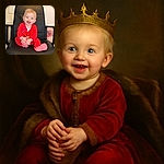 A joyful baby in a festive red outfit with striped socks sits happily on a black office chair, holding one foot with a big open-mouthed smile, surrounded by a cozy indoor setting with a door and soft furnishings in the background.