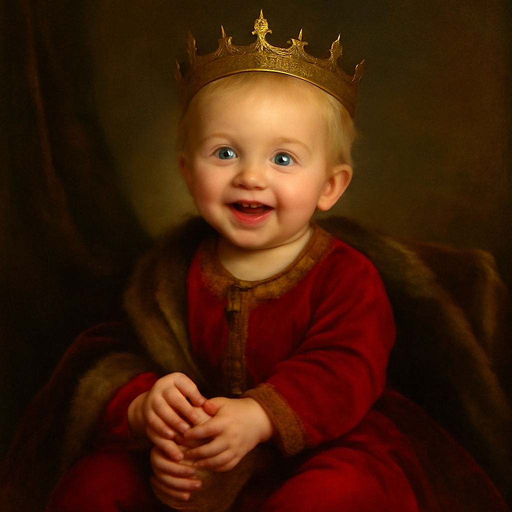 A joyful baby in a festive red outfit with striped socks sits happily on a black office chair, holding one foot with a big open-mouthed smile, surrounded by a cozy indoor setting with a door and soft furnishings in the background.