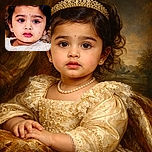 A close-up portrait of a young child with big expressive eyes, wearing a delicate cream-colored dress adorned with floral embellishments and a small decorative hat perched on her head, looking curiously off-camera with a soft background blur.
