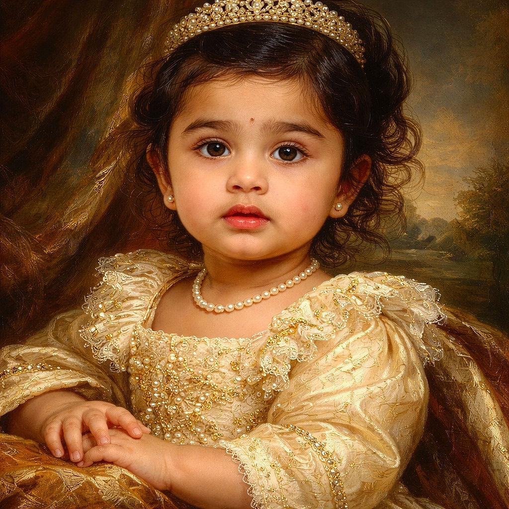 A close-up portrait of a young child with big expressive eyes, wearing a delicate cream-colored dress adorned with floral embellishments and a small decorative hat perched on her head, looking curiously off-camera with a soft background blur.
