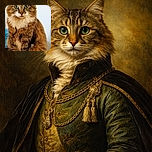 A majestic fluffy cat with striking green eyes poses regally on a blue textured blanket, looking directly at the camera with a calm and curious expression, set against a simple light background.