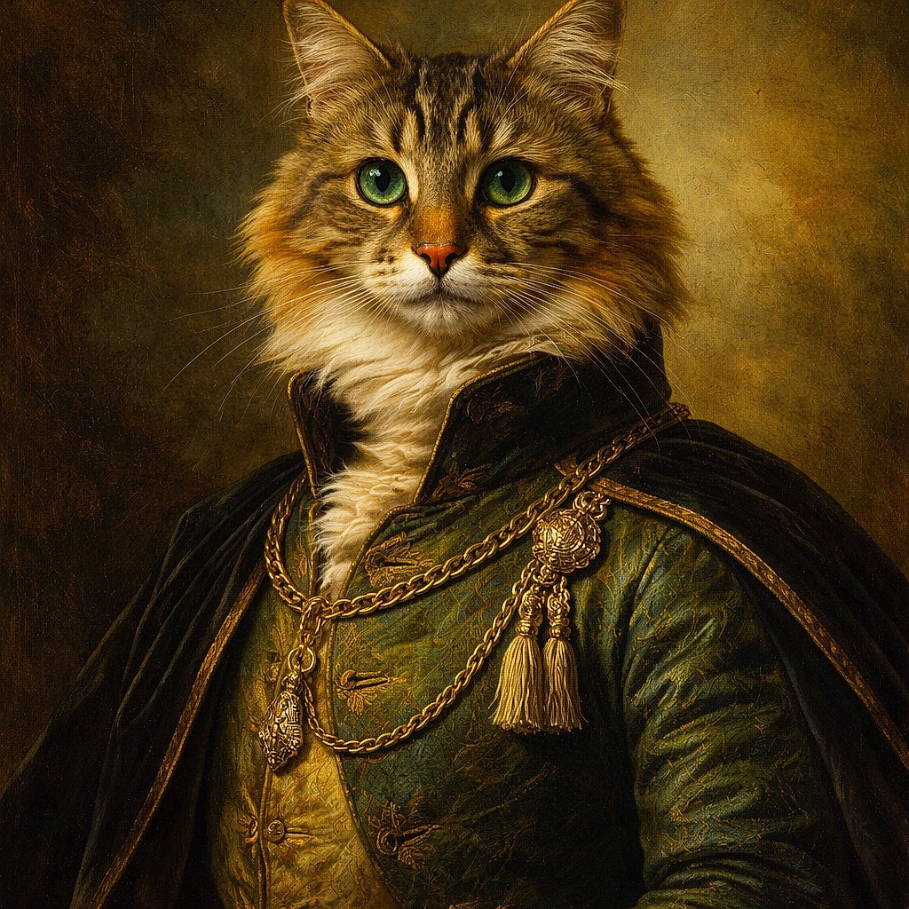 A majestic fluffy cat with striking green eyes poses regally on a blue textured blanket, looking directly at the camera with a calm and curious expression, set against a simple light background.