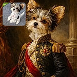 A fluffy little puppy sitting on a carpet, tilting its head with giant ears and soulful dark eyes — part furball, part velvet marshmallow, looking ready for snacks or mischief. Background shows a green mat corner and a small wheel, keeping the scene cozy and domestic.