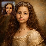 A close-up selfie of a young girl with curly hair, softly lit by indoor lighting, her expression calm and neutral, with a background showing parts of a ceiling and some furniture.