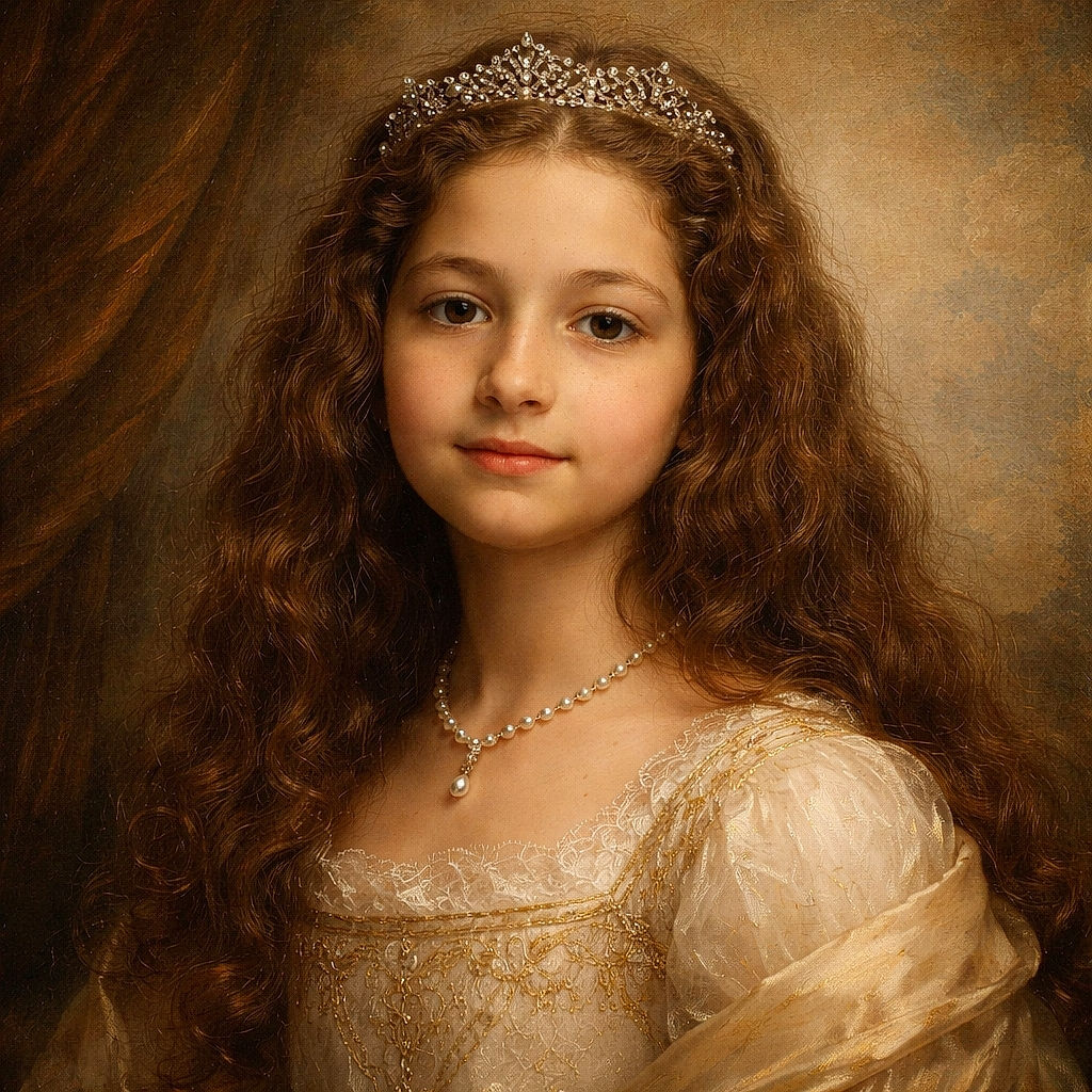 A close-up selfie of a young girl with curly hair, softly lit by indoor lighting, her expression calm and neutral, with a background showing parts of a ceiling and some furniture.
