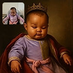 A cute toddler wearing a purple Nike jacket sits calmly in a high chair with a gray and white chevron pattern, looking down thoughtfully as if pondering the mysteries of the universe or maybe just waiting for snack time.