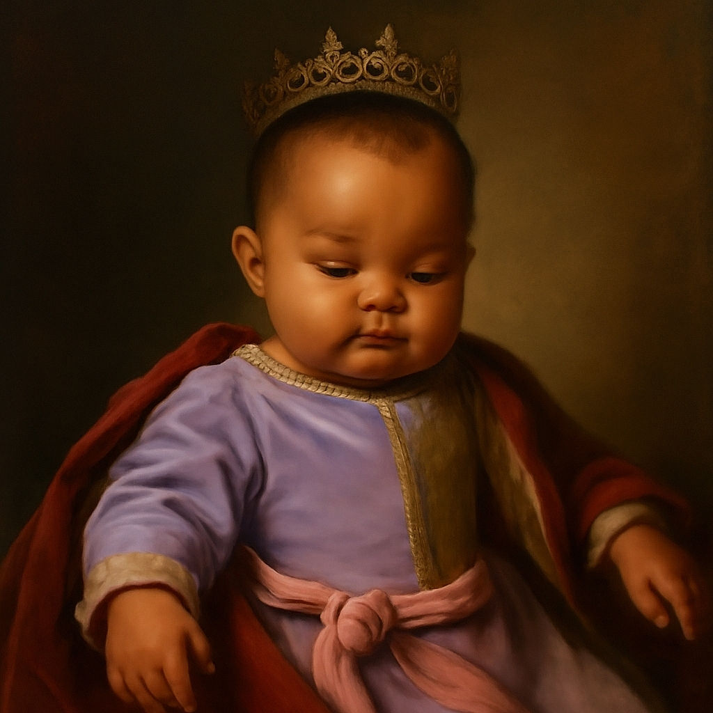 A cute toddler wearing a purple Nike jacket sits calmly in a high chair with a gray and white chevron pattern, looking down thoughtfully as if pondering the mysteries of the universe or maybe just waiting for snack time.