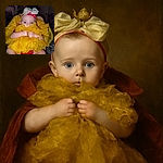 A wide-eyed baby clutching a sparkling yellow frilly fabric like it's a treasure, sporting a cute headband with bows, sitting amidst a cozy indoor setting with a dim background and a TV screen glowing softly.