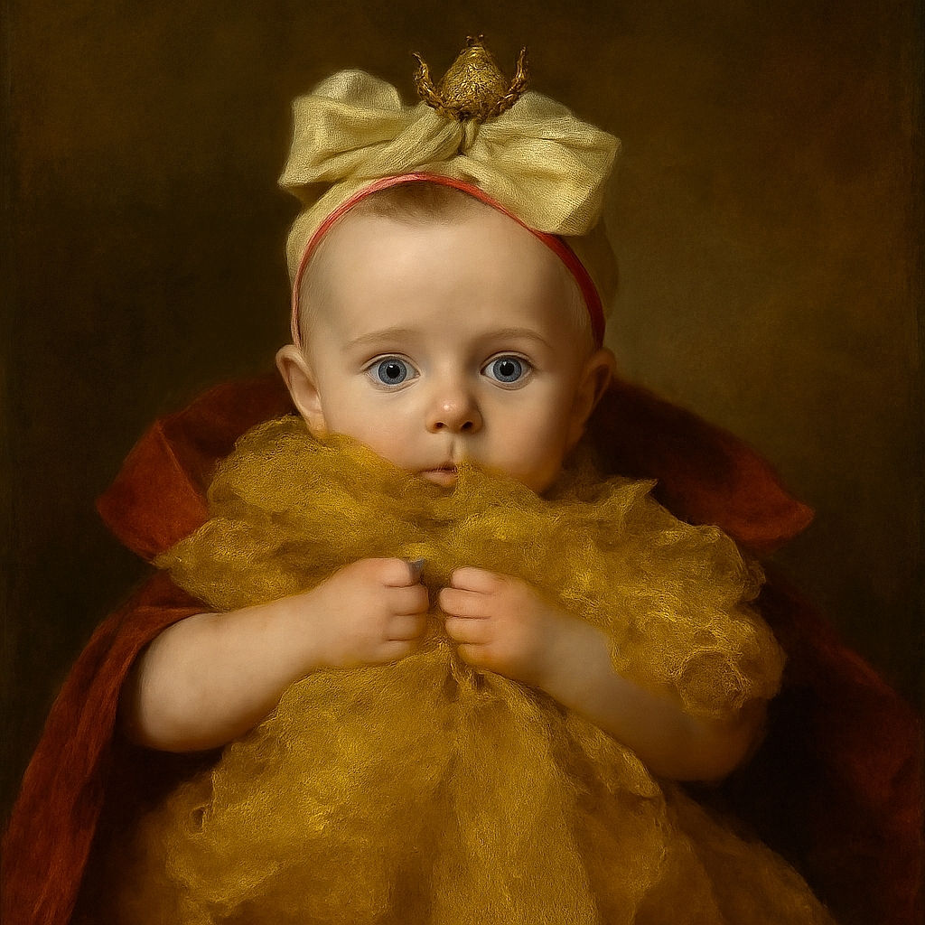 A wide-eyed baby clutching a sparkling yellow frilly fabric like it's a treasure, sporting a cute headband with bows, sitting amidst a cozy indoor setting with a dim background and a TV screen glowing softly.