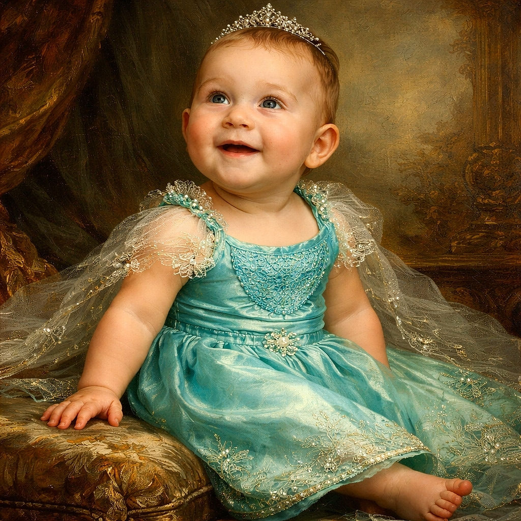A joyful baby in a bright turquoise dress sits happily on a black trampoline outdoors, surrounded by a playful backyard scene with swings, tires, and greenery, capturing pure innocence and curiosity.
