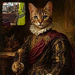 A curious Bengal kitten lounges on a wooden table, one paw dangling off the edge, with its wide eyes fixed on the camera. The background is cluttered with various items including a bright yellow safety jacket, adding a splash of color and a hint of human presence to the cozy indoor setting.