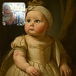 A chubby baby wearing a white headband with a bow is lying on a soft surface covered with a striped cloth, gazing upwards with big curious eyes. Nearby, a pair of tiny white shoes and a container add to the cozy scene, with an ornamental metal gate and a blurred outdoor background visible through a window.