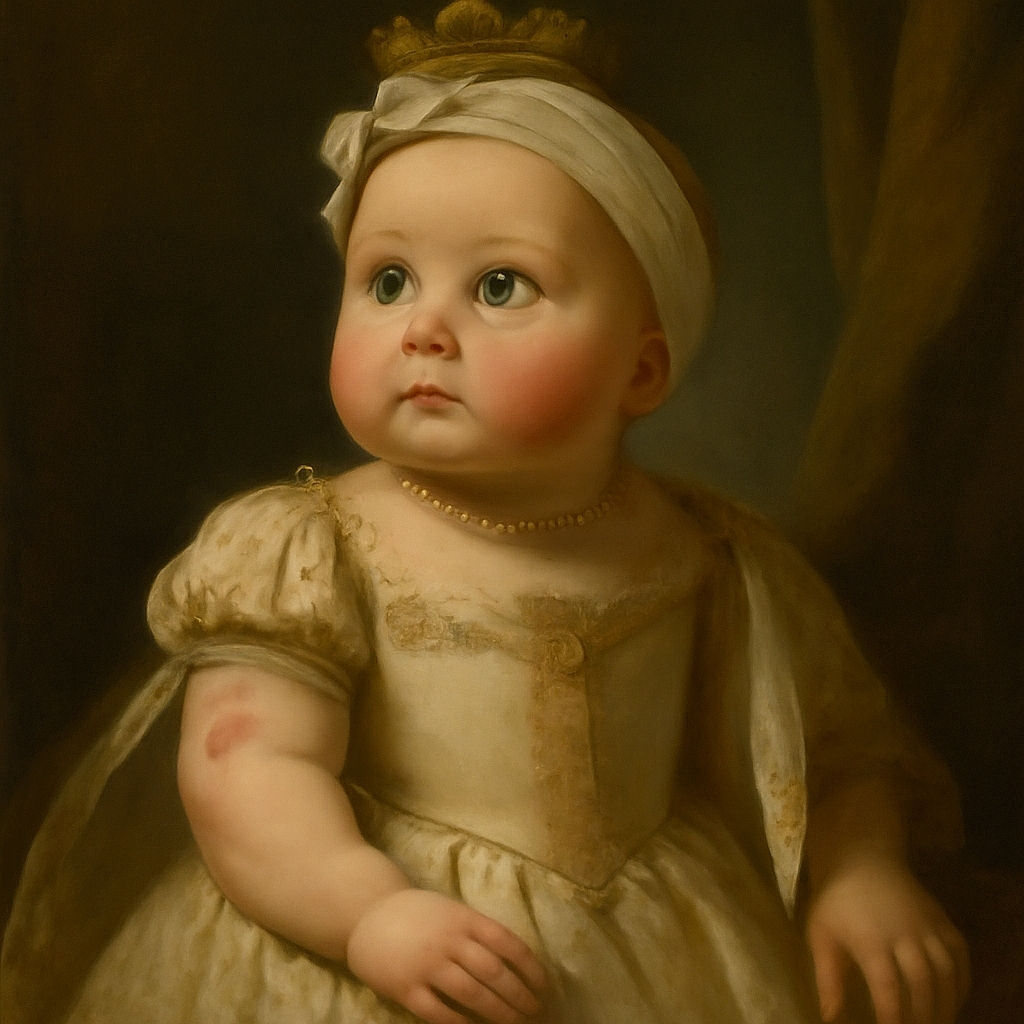 A chubby baby wearing a white headband with a bow is lying on a soft surface covered with a striped cloth, gazing upwards with big curious eyes. Nearby, a pair of tiny white shoes and a container add to the cozy scene, with an ornamental metal gate and a blurred outdoor background visible through a window.
