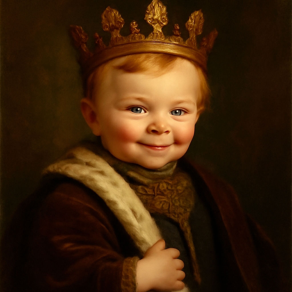 A mischievous baby with sparkling blue eyes and a cheeky grin clutches a blanket and a snack, wearing a dark shirt with a colorful helicopter design, nestled comfortably between a blue and yellow cushion.