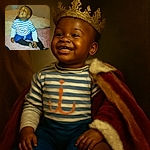 A joyful toddler sitting cross-legged on a cozy bed with a big smile, wearing a striped shirt and playful socks, radiating pure happiness in a warm, homely setting.