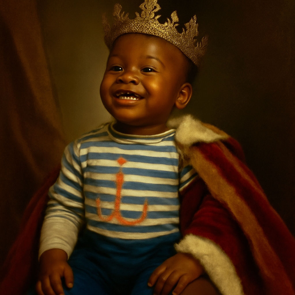 A joyful toddler sitting cross-legged on a cozy bed with a big smile, wearing a striped shirt and playful socks, radiating pure happiness in a warm, homely setting.