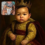 A cute baby with a slightly messy face is lounging comfortably in a patterned baby seat, wearing a grey shirt and colorful socks featuring a green character. The baby looks curiously at the camera with a bit of drool adding to the adorable messiness.