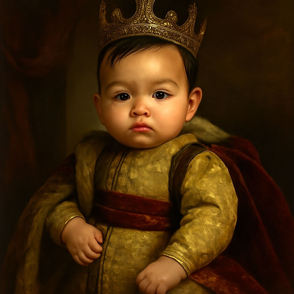 A cute baby with a slightly messy face is lounging comfortably in a patterned baby seat, wearing a grey shirt and colorful socks featuring a green character. The baby looks curiously at the camera with a bit of drool adding to the adorable messiness.