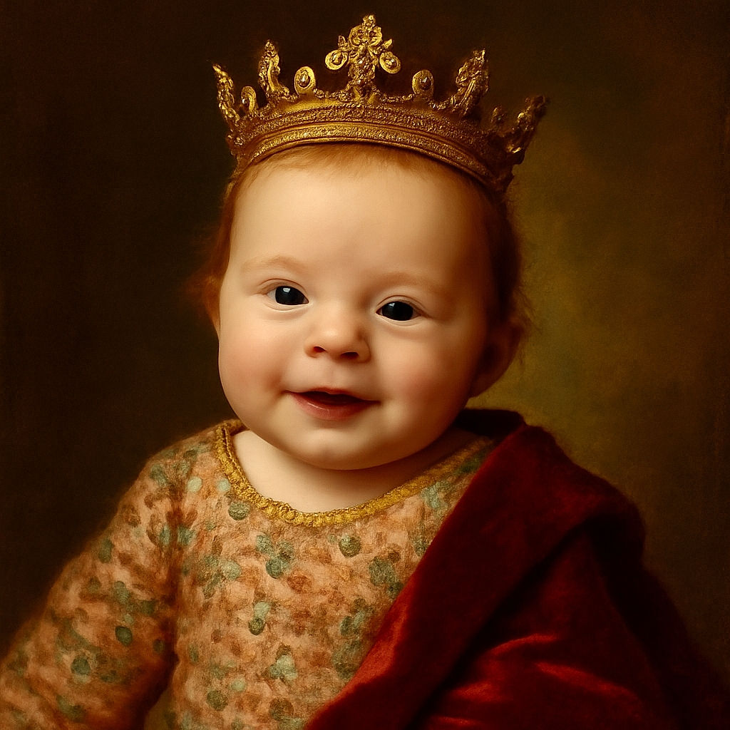A close-up photo of a smiling baby wearing a floral outfit, lying next to a colorful plush toy with big eyes, all captured with a soft focus and warm tones.